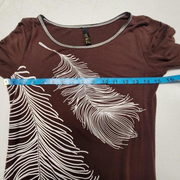 Long Sleeve Brown Mini Dress Tunic Top  Sequin Embellished White Feather Motif - Picture 7 of 7